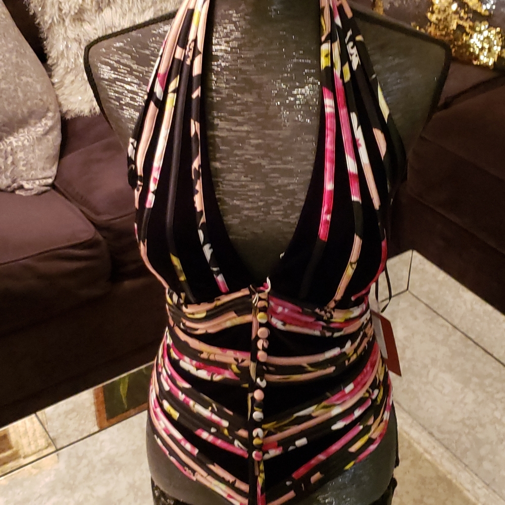 Black Velvet with Printed Satin Piping Halter